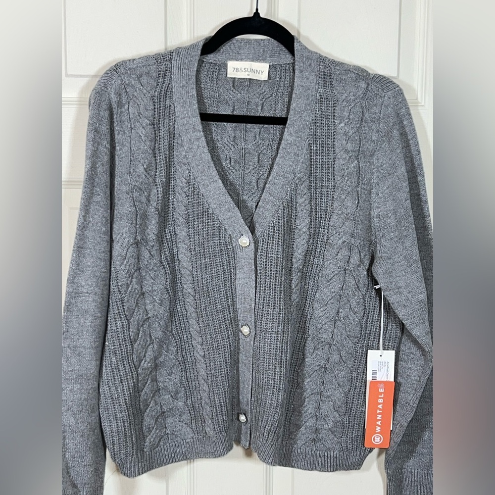 78 & Sunny Amethyst Cable Knit Cardigan Heather Gray NWT